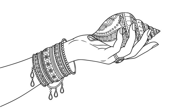 Minimal woman hand outline with bangles and decorative conch shell vector art