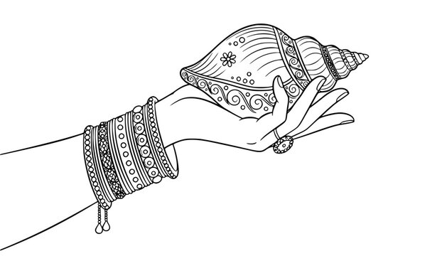 Beautiful woman hand with bangles and conch shell elegant line art vector illustration