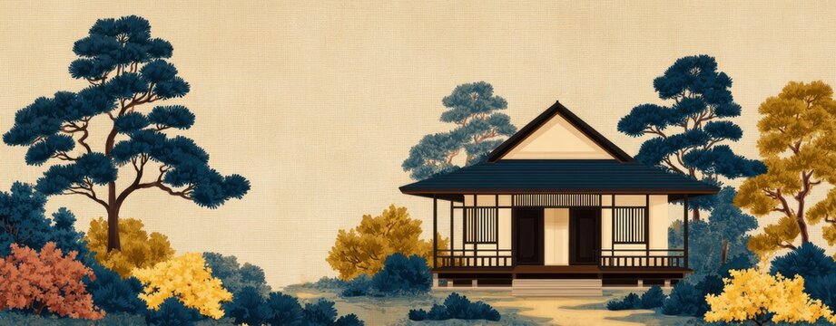 Traditional Japanese House In Serene Garden With Pine Trees Illustrated In Flat Style Representing Zen Architecture Peaceful Nature And Minimal Asian Design