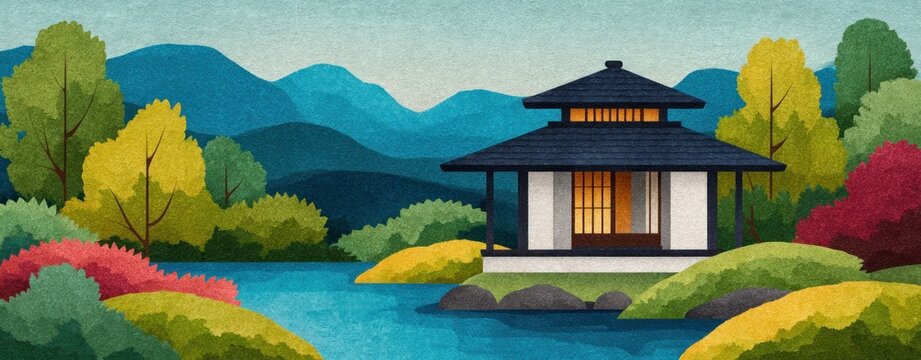 Traditional Japanese House By Serene Pond Surrounded By Lush Gardens And Distant Mountains Representing Peaceful Zen Retreat And Timeless Asian Landscape Beauty