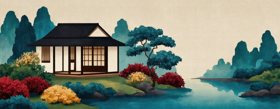 Traditional Japanese House With Garden Scenery And River Landscape In Watercolor Painting Style Representing Peaceful Zen Atmosphere And Timeless Asian Art Aesthetic