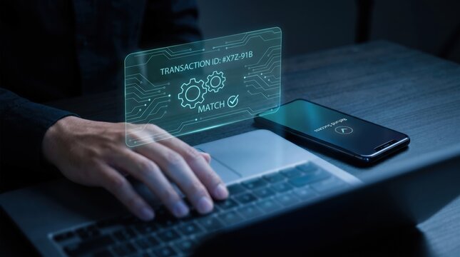 Digital Finance and Refund Success Concept: Synchronized Laptop and Smartphone with Holographic Transaction ID, Matching Interface, and Teal Connectivity Glow