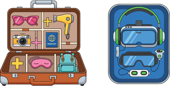 travel suitcase and luggage flat vector set featuring packed vacation essentials camera sunglasses hair dryer and virtual reality headset for tourism designs