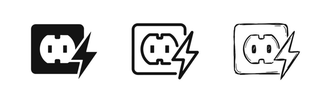 Electric Wall Socket and Power Energy Bolt Icon Set