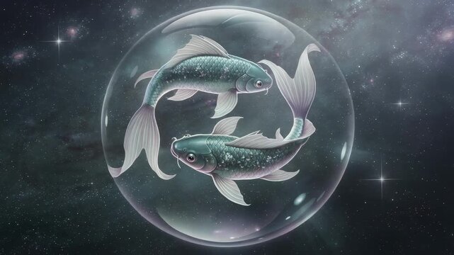 Firefly glowing fish swimming gracefully in cosmic underwater bubble fantasy scene