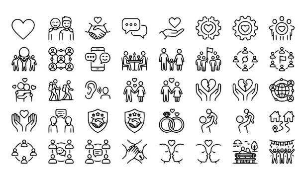 Friendship and Relationship Linear Outline Icons Editable Stroke Social Interaction Vector Pack