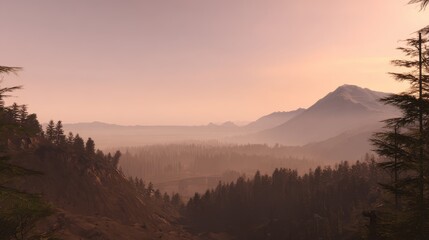 Fototapeta premium Craggy Mountain Summits at Sunrise over Misty Valleys with Pale Dawn Light and Serene Early-Morning Atmosphere
