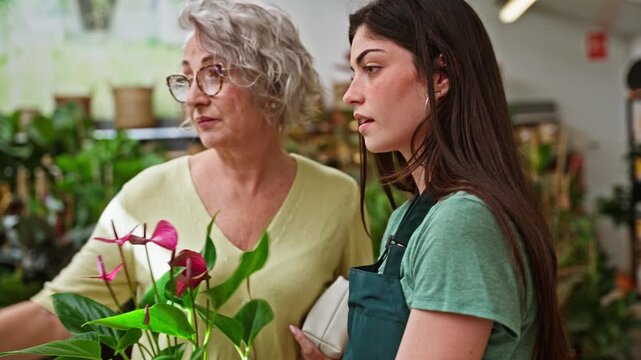 Florist assisting senior customer in flower shop