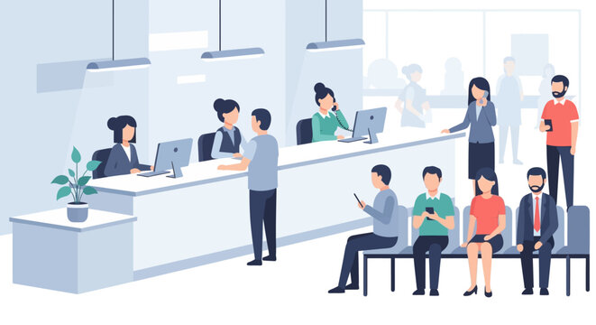 Bank interior illustration with people, customer service, and waiting area.