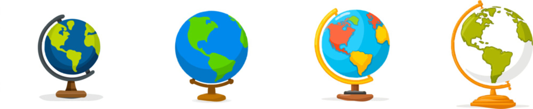 A vintage globe of the earth mounted on a wooden stand features bold solid colors, clean smooth lines, and minimalist design elements against a pure white background