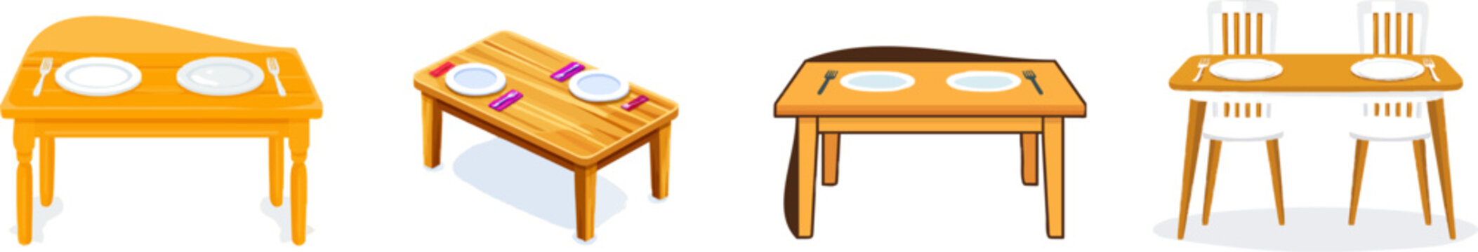 A minimalist vector illustration of an orange wooden dining table set with two white plates and forks on a pure white background
