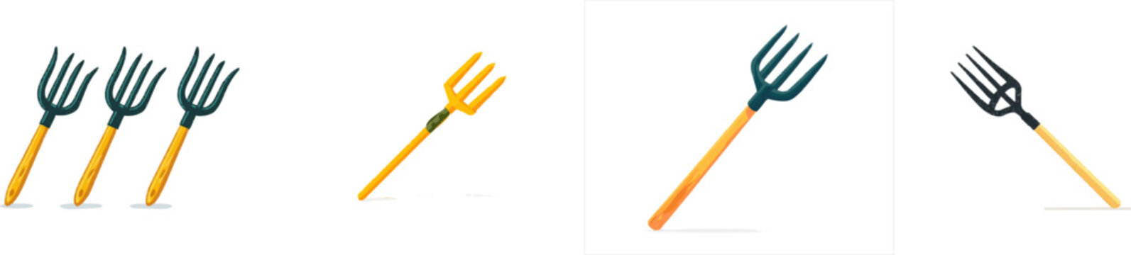 A rustic iron pitchfork with four prongs and a long wooden handle, leaning against nothing in a minimalist flat vector illustration style, clean bold outlines, solid vibrant colors, no shading or