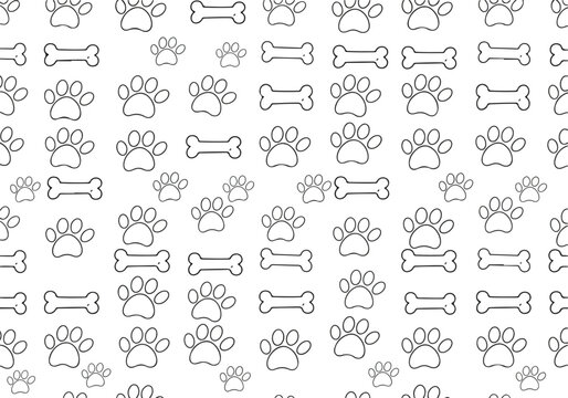 Seamless pattern of dog paw prints and bones on white background
