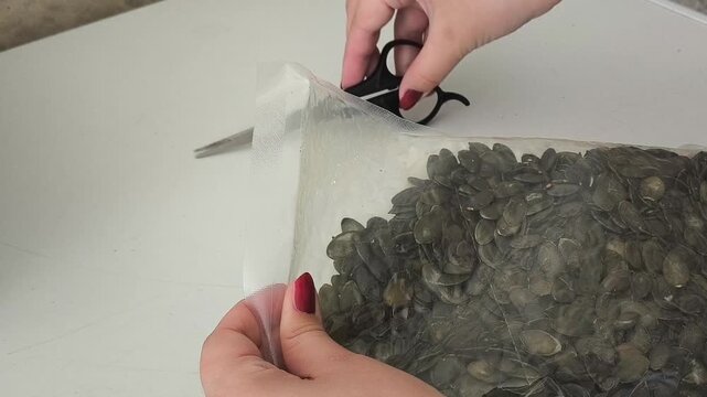 Female hands cutting open a package of pumpkin seeds with scissors on a white background, close-up of the opening process.