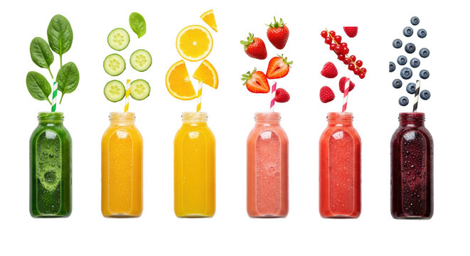 Six cold-pressed juice bottles in a vibrant color spectrum row on a reflective brilliant white background, surrounded by scattered fresh ingredients, high-key studio product shot concept for healthy