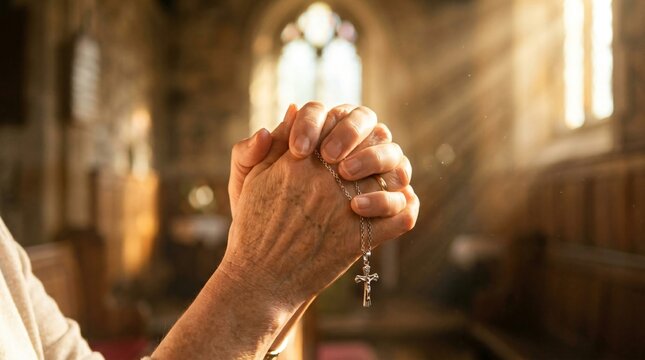 Woman hands holding a rosary in prayer inside a church. Christian worship with religious beads. Spiritual meditation and belief. Faith and hope concept for religious observance today.