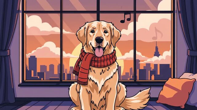 Cartoon Style Golden Retriever Wearing Red Scarf Sitting by Window Overlooking City Sunset