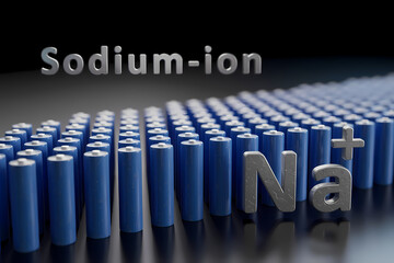 Fototapeta premium Rows of blue sodium-ion batteries are displayed with the text 'Sodium-ion' and 'Na+' above them.