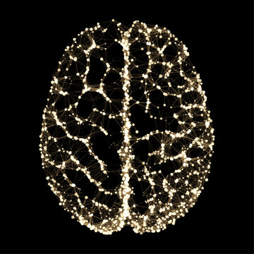 Vector abstract human brain silhouette formed by gold plexus network for artificial intelligence machine learning technology and neurology science concept