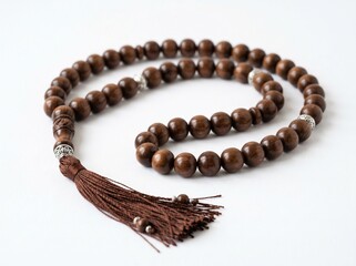 Obraz premium A close-up of a brown wooden rosary shaped into a heart with coffee beans on an isolated white background symbolizes a blend of religion, love, and fashion decoration