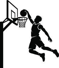 Dynamic silhouette illustration of a basketball player performing an athletic slam dunk, capturing the intense energy of the sport © GILANG YUDA ALYAHYA