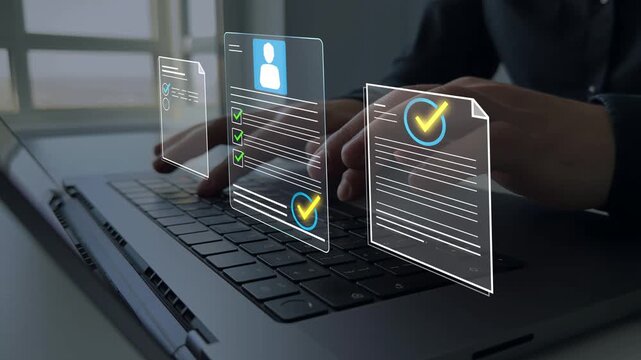 Concept of Human Resources, selection and online application screening process.Business professional reviewing digital CV on laptop, analyzing candidate profiles for recruitment and hiring decisions.