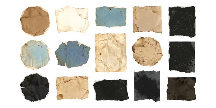 Set of various torn paper shapes and ripped cardboard scraps in different colors