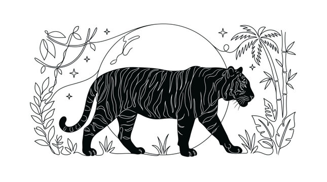 Hybrid Monoline Tiger Silhouette Walking Across Full Moon Vector