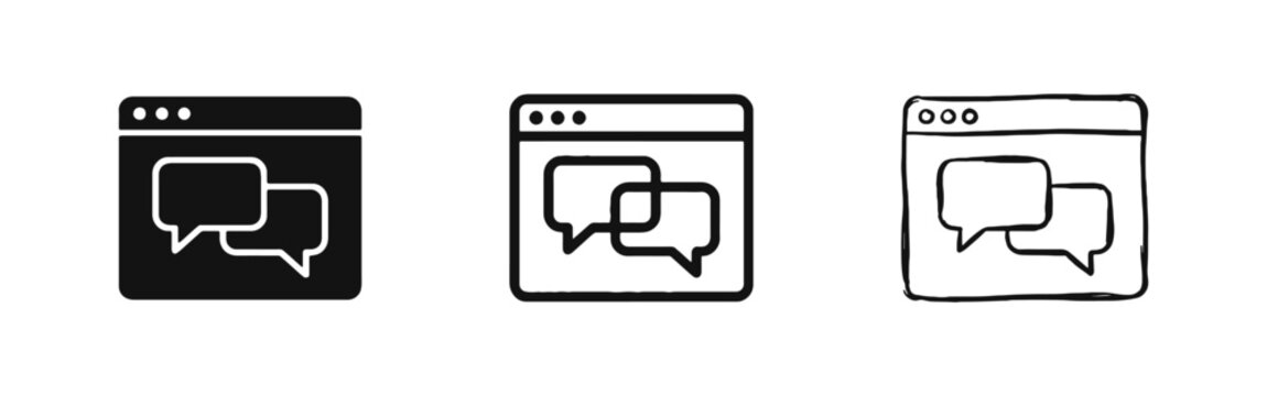 Online Communication and Support Icon Set - Web Browser with Chat Bubbles