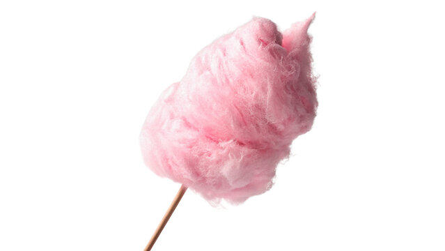 Sweet pink fluffy cotton candy on a stick for childhood fun summer festival carnival snack isolated on transparent background