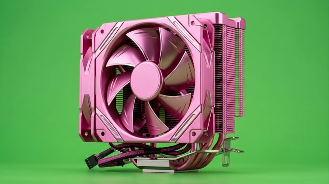 Minimal studio shot of a pink CPU air cooler with fan isolated on green background, ideal for gaming hardware, PC building, and technology concepts.