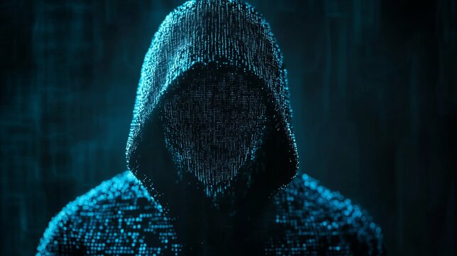 Anonymous hooded figure composed of glowing blue digital data points in this dramatic artistic photograph