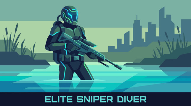 Elite sniper diver in futuristic cityscape.