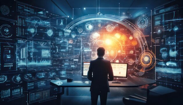 Man in Suit Observing Futuristic Digital Data Interface.