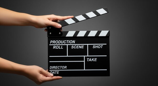 Two hands holding a black and white film clapperboard against a dark background. The clapper displays fields for production details. Used in movie production to mark scenes during filming.
