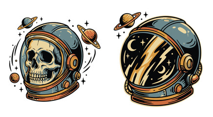 Vintage astronaut helmets with skull and cosmic designs © colorshapppy