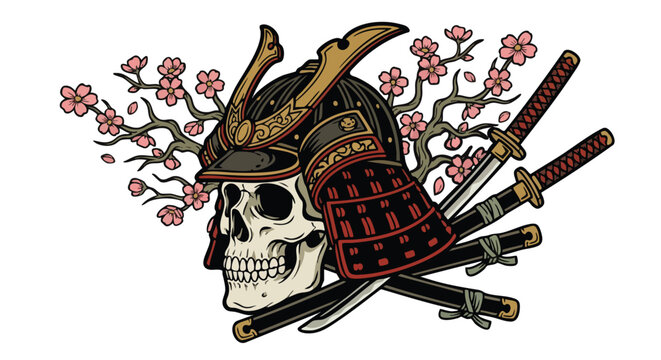 Samurai Skull with Swords and Cherry Blossoms Illustration