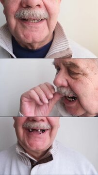 Video collage of an elderly man holding a denture. Understanding dentistry and dental prosthetics. A denture. Dental prosthetics on a hook
