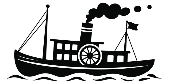 Flat vector illustration of steam boat silhouette, paddle wheel vessel concept, vintage transport design and nautical artwork