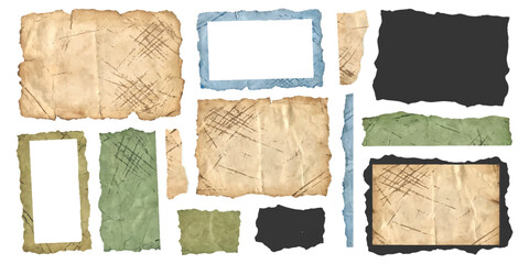 Fototapeta premium Set of torn paper pieces and ripped textured vintage map fragments