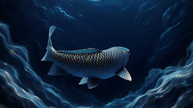 Golden fish drifting through deep blue underwater current