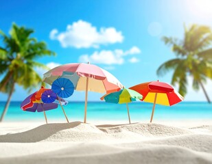 Fototapeta premium Colorful beach umbrellas on pristine sand, with palm trees and ocean