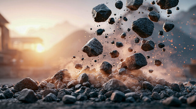 A close-up of rocks and dust flying through the air, against a blurred backdrop of a sunset landscape.