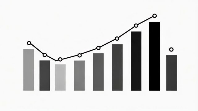 Dynamic growth of sleek monochrome bar graph with rising bars and continuous upward progress line animation