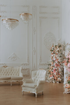 Luxury Classic Interior with Elegant White Sofa and Chandelier