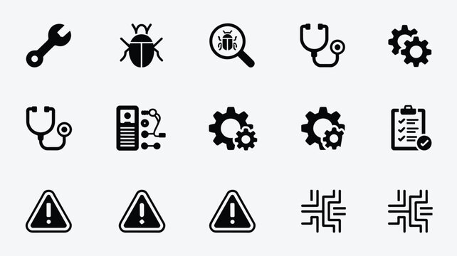Set of 15 black and white IT support and technical issue vector icons