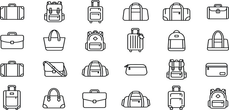 Travel Bag and Luggage Line Icon Collection with Suitcases, Backpacks, Handbags, and Carry-On Symbols for Tourism and Vacation Designs