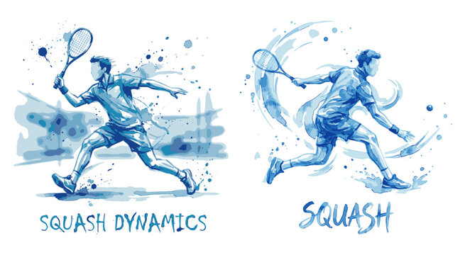 Squash players in motion with abstract watercolor splash effects