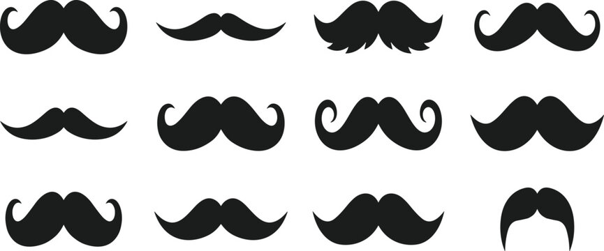 Vintage Mustache Icon Collection with Curled, Classic, and Retro Beard Style Silhouettes for Barber Shop, Grooming, and Hipster Design Projects