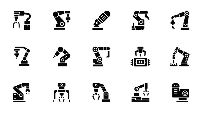 Set of 15 Industrial Robotic Arm Icons Vector